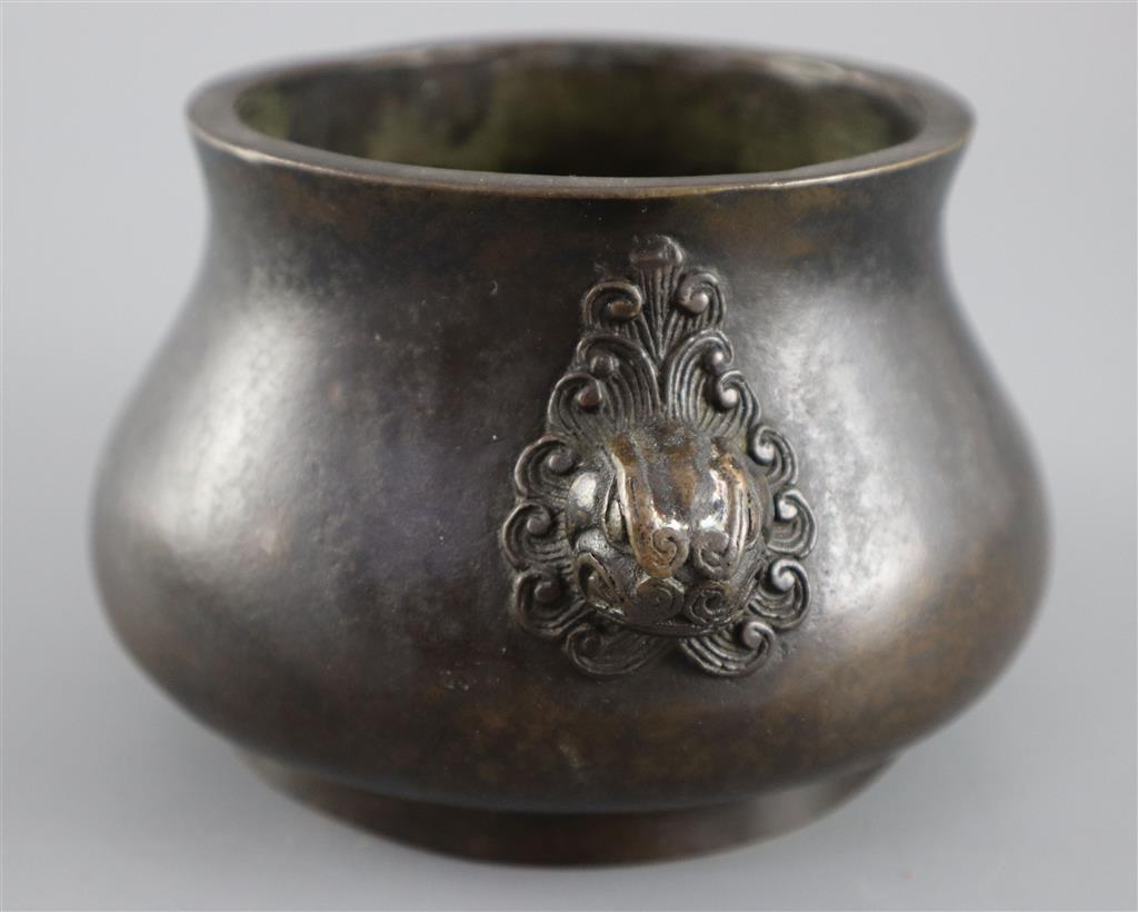 A Chinese bronze baluster censer, Xuande four character mark, but later, 16cm wide